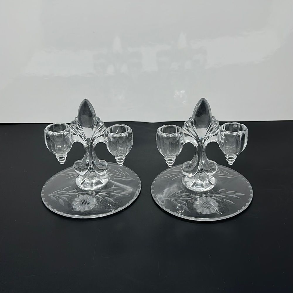 Pair of Etched glass candlestick